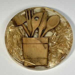Vintage 70's Retro Wood Lucite Resin Trivet Hot Plate UTENSILS Kitchen Boho